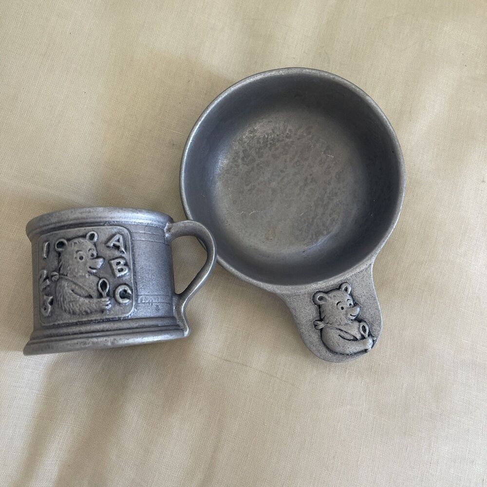 Vintage Carson Pewter Teddy Bear Baby Bowl and Cup Set